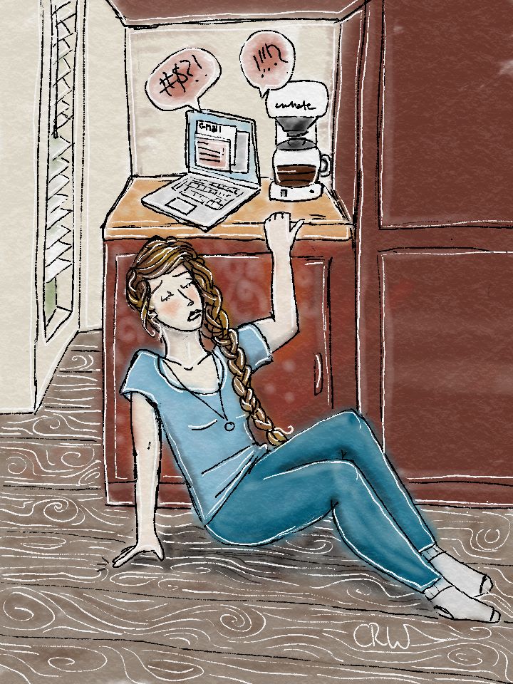 Illustrated picture by Charity Wottrich depicting a time that she had a panic attack after some particularly hard pushback in light of her upcoming book release.